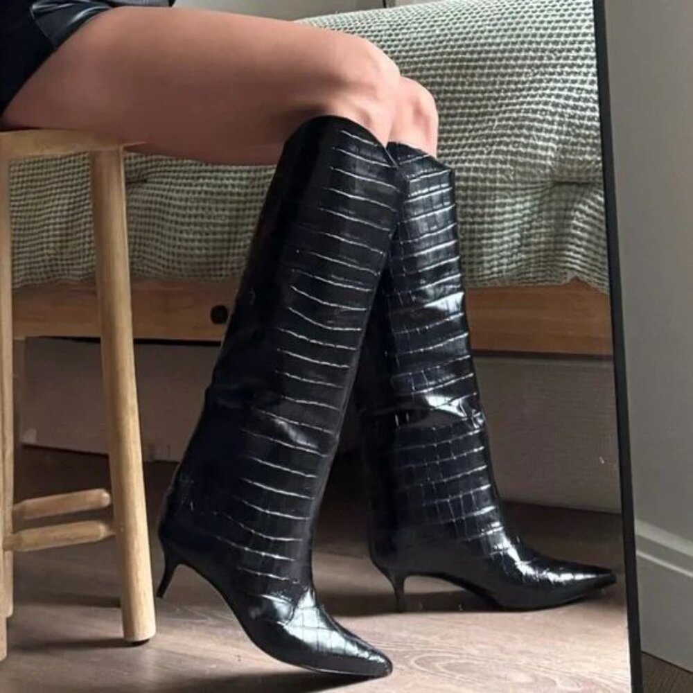 SCHUTZ Maryana Lo Wide Pointed Toe Knee High Boots Sz 5 Black Croco Leather NEW